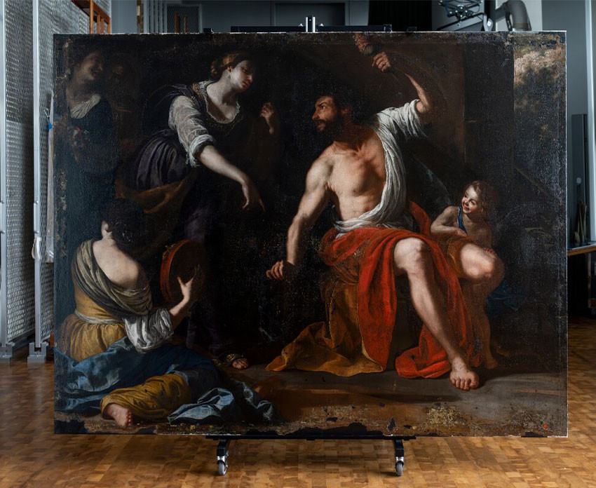  Hercule et Omphale, vers 1635–1637. Artemisia Gentileschi (Italienne, 1593–1654).Hercule et Omphale presque entièrement restauré par Ulrich Birkmaier, conservateur principal des peintures au Getty. Collections du Palais Sursock, Beyrouth, Liban. © 2025 J. Paul Getty Trust
