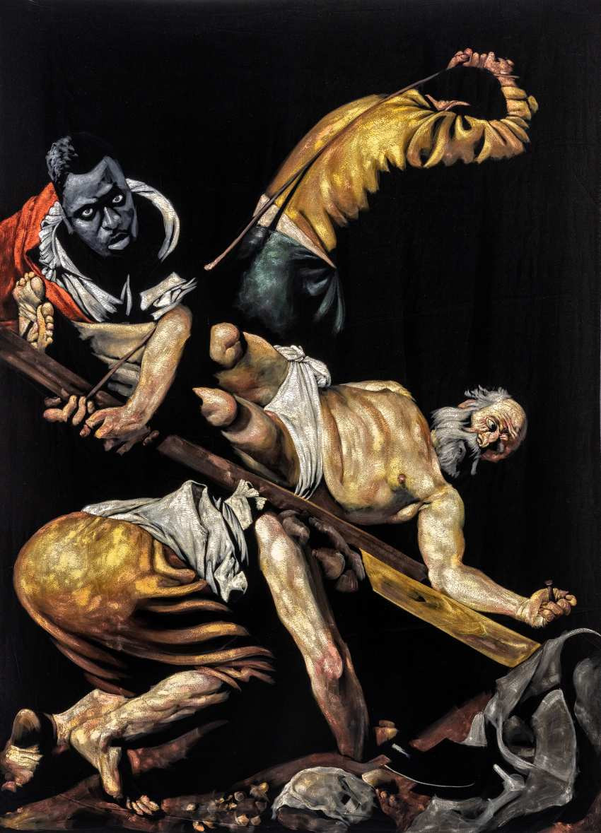 Roméo Mivekannin,<i> D’après Le Crucifiement de saint Pierre, Le Caravage (1600</i>), 2024, acrylique sur velours noir, 200 x 140 cm, courtesy of the artist and galerie Cecile Fakhoury (Abidjan, Dakar, Paris). ©Gregory Copitet. 